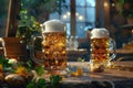 Two empty mugs of beer sitting on a table, ideal for a pub night or a party scene Royalty Free Stock Photo