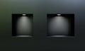 Two empty niches or shelves on black wall with led spotlight 3D mockup Royalty Free Stock Photo