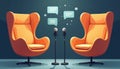 Two empty orange modern chairs face with microphones. Speech bubbles, connected tech lines float above, showing discussion, Royalty Free Stock Photo