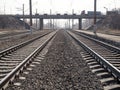 Two empty parallel railway lines, rails, sleepers, rubble close up, wide angle, toned brown, selective focus