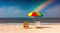 Two empty seats under a multicolored rainbow umbrella