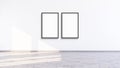 Two empty, vertical, modern, black frame mock up in a white room, 3d illustration of a white wall interior render Royalty Free Stock Photo