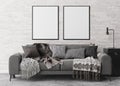 Two empty vertical picture frames on white brick wall in modern living room. Mock up interior in contemporary style Royalty Free Stock Photo