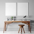 Two empty white frames mock-up. Modern interior space with beautiful wooden desk and chair on gray wall background Royalty Free Stock Photo