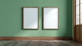 Two empty white picture frames with wooden borders leaning on green wall blank poster mockup, AI generated Royalty Free Stock Photo
