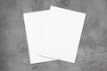 Two empty white poster mockups lying diagonally on dark grey concrete background