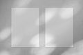 Two empty white vertical rectangle poster mockup with diagonal window shadow on the wall