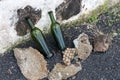 Two empty wine bottles as advertising in front of the entrance of the winery