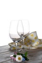 Two empty wine glasses and flowers copy space close up Royalty Free Stock Photo