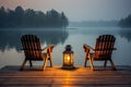 Two Empty Wood Chairs, Morning Lake View, Mist Swamp Wooden Pier, Nature Landscape, Misty Night Royalty Free Stock Photo