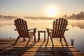 Two Empty Wood Chairs, Morning Lake View, Mist Swamp Wooden Pier, Nature Landscape, Misty Night Royalty Free Stock Photo