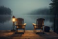 Two Empty Wood Chairs, Morning Lake View, Mist Swamp Wooden Pier, Nature Landscape, Misty Night Royalty Free Stock Photo