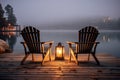 Two Empty Wood Chairs, Morning Lake View, Mist Swamp Wooden Pier, Nature Landscape, Misty Night Royalty Free Stock Photo