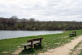 Two benches on the side of Bewl water reservoir, England