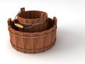 Two empty wooden buckets on white background