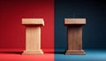 Two empty wooden podiums stand against a split red and blue background. These represent a political debate stage or Royalty Free Stock Photo