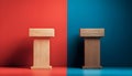 Two empty wooden podiums stand against a split red and blue background. These represent a political debate stage or Royalty Free Stock Photo