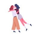 Two enamored lesbian girl hugging enjoy meeting vector flat illustration. Happy homosexual woman smiling feeling love