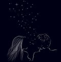 Two enamored lovers on the night sky with shining stars, illustration.