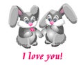 Two enamored rabbit. Boy gives a girl a flower. Cute and funny c