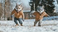 Two energetic boys in wolf masks and tails run across a snowy lawn embracing the winter chill while playing and