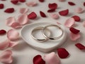 Two engagement rings on ceramic plate and rose petals Royalty Free Stock Photo