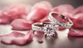 Two engagement rings with pink rose petals background lays on the table Royalty Free Stock Photo