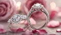 Two engagement rings with pink rose petals background lays on the table Royalty Free Stock Photo