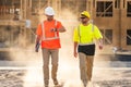 Two engineers. Architect at a construction site. Handyman builders in hardhat. Building concept. Builder foreman. Two Royalty Free Stock Photo