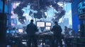 Two engineers operate a large robotic arm in a futuristic control room, overlooking a cityscape Royalty Free Stock Photo