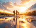 Two engineers walking between large industrial pipelines at sunset reflecting on wet ground symbolizing progress and Royalty Free Stock Photo
