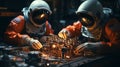 Engineers in spacesuits team up to assemble spacecraft components in a high-tech facility