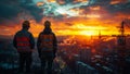 Two engineers standing on the construction site and looking at the construction crane and sunset sky. Royalty Free Stock Photo