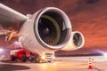 Two engines under the wing of a huge airplane parked at the airport at midnight, next to it is a fuel truck Royalty Free Stock Photo