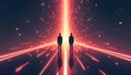 Two enigmatic figures stand at a luminescent fork in a digital road, deep in thought as they Royalty Free Stock Photo