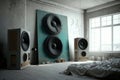 Two enormous loudspeakers on the floor in a bedroom.