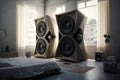Two enormous loudspeakers on the floor in a bedroom. Royalty Free Stock Photo