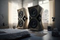 Two enormous loudspeakers on the floor in a bedroom.