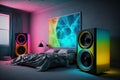 Two enormous loudspeakers in neon color on the floor in a bedroom. Royalty Free Stock Photo