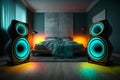 Two enormous loudspeakers in neon color on the floor in a bedroom. Royalty Free Stock Photo