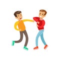 Two Equally Strong Boys Fist Fight Positions, Aggressive Bully In Long Sleeve Red Top Fighting Another Kid Who Is Weaker