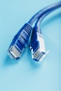 Two Ethernet Cable Connectors Patch cord cord close-up isolated on a blue background with free space Royalty Free Stock Photo