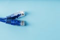 Two Ethernet Cable Connectors Patch cord cord close-up isolated on a blue background with free space Royalty Free Stock Photo