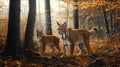 Two Eurasian Lynxes in an Autumn Forest Royalty Free Stock Photo
