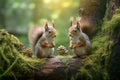 Two Eurasian red squirrels sit on a moss-covered tree trunk. Red squirrel against the backdrop of green forest. Generative AI