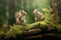 Two Eurasian red squirrels sit on a moss-covered tree trunk. Red squirrel against the backdrop of green forest. Generative AI