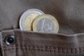 Two Euro coins with a denomination of 1 and 2 euro in the pocket of worn gray denim jeans Royalty Free Stock Photo