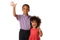 Two excited and cheerful siblings brother and sister, isolated