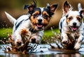 Two excited small dogs running through a muddy puddle Royalty Free Stock Photo