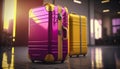 Two exclusive modern suitcases stand inside a hotel or airport. Business trip. Going on a trip, vacation.
